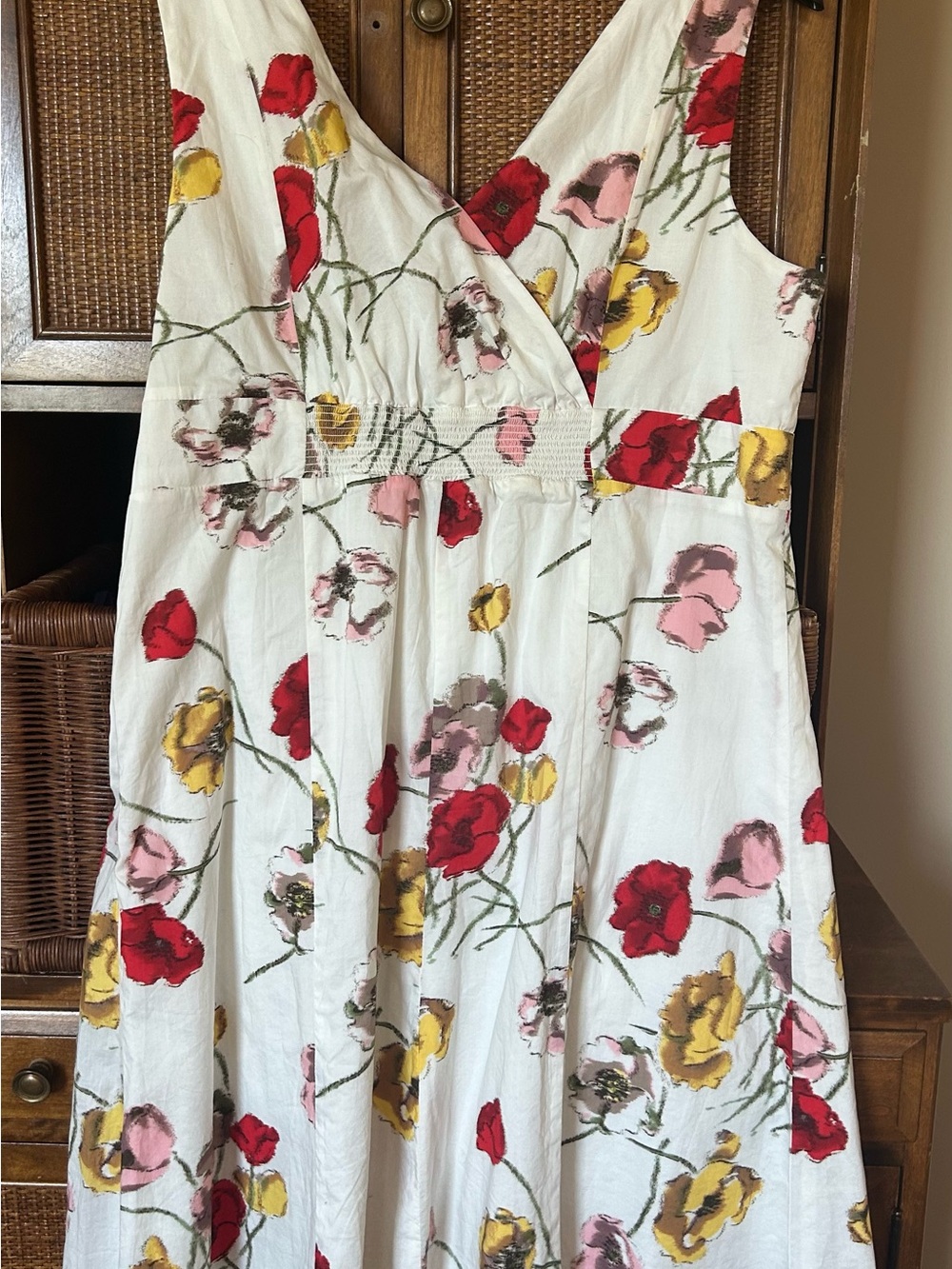 Lands’ End White Cotton Floral V-Neck Sundress with Red, Pink & Yellow Blooms